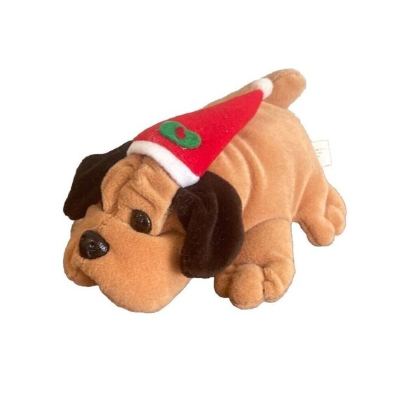 1991 Christmas Dog Plush Vintage Stuffed Toy Brown Santa Hat Red Puppy Gro Well - Picture 1 of 7